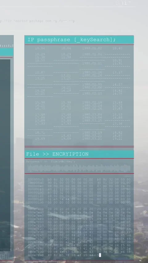 Vertical video: UI panel sliding over hazy city, showing IP passphrase and hex Stock Footage 329612894