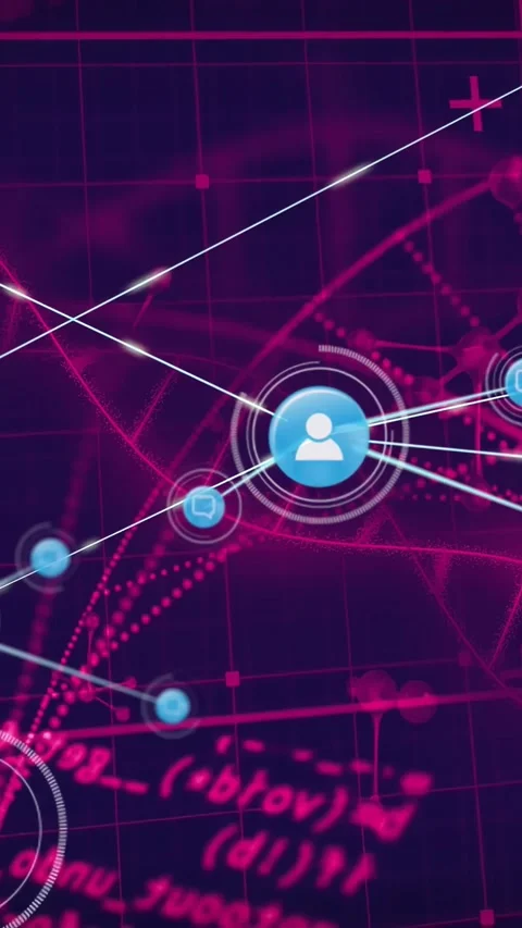 Vertical video: UI pulse starting hub node sending lines, nodes forming, network Video stock 330189571