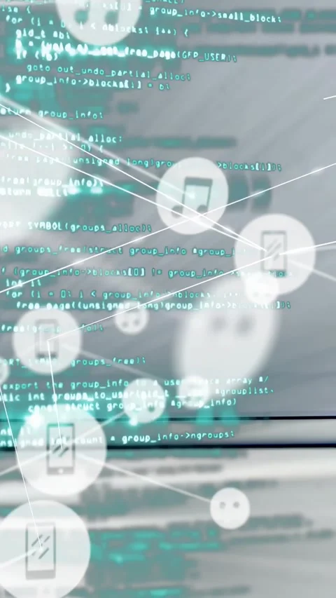Vertical video: UI showing scrolling code making phone or music or chat icons Stock Footage 331199248