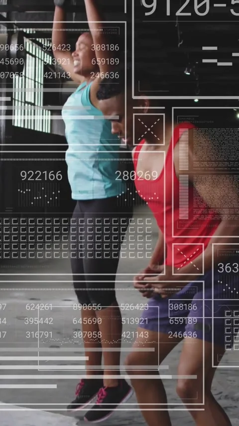 Vertical video: UI timer starting gym duo doing pushups squats jumps with data 動画素材 331128784