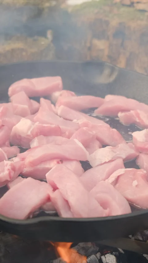 Vertical video of unknown young man cooking meat in pan on bonfire Stock Footage 308718157