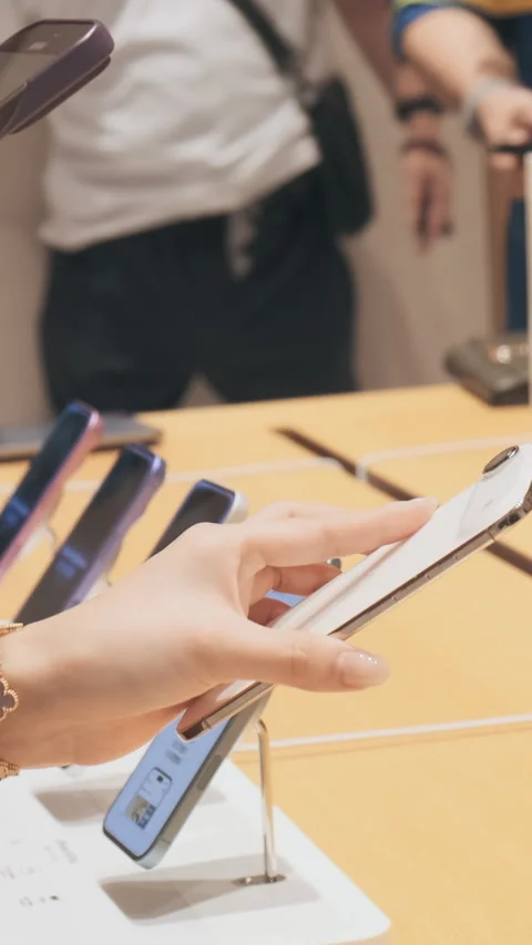 Vertical video: Unrecognizable customer holding iPhone 17 Air in Apple Store Stock Footage 322515009