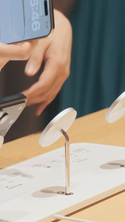 Vertical video: Unrecognizable customer picks up iPhone 17 Air, close up Stock Footage 322515955