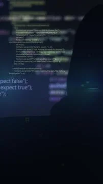 Vertical video. Unrecognizable man hacker wearing sweatshirt with hood typing on Stock Photos
