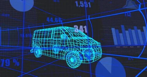 Vertical video: On update 3D van mesh animating in CAD aligning grid, HUD charts Stock Illustration