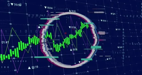Vertical video: Updating data panel showing green candles and glitch ring after Stockbeeldmateriaal 330575259