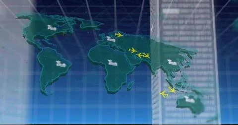 Vertical video: Updating map on blue grid tracking cargo with yellow planes, Stock Illustration