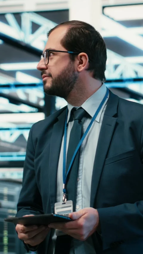 Vertical video Upgrading systems, tablet and software developer in data center Stock Footage 329650112