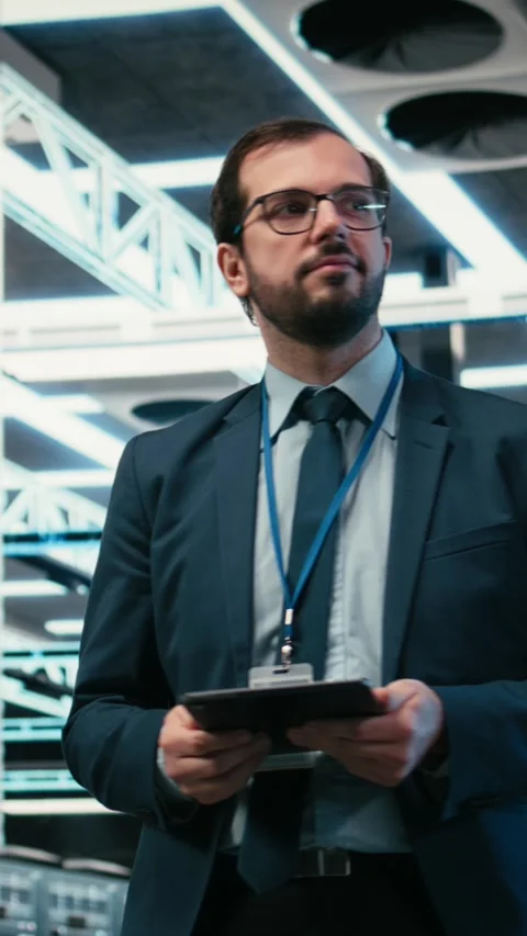 Vertical video Upgrading systems, tablet and software developer in data center Stock Footage 329650193