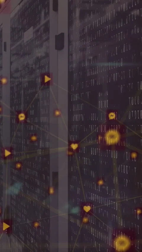 Vertical video: Upon data burst, network nodes growing and pulsing over racks, Stock Footage 332775636