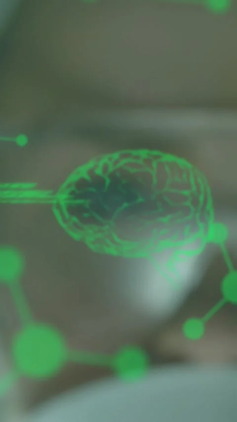 Vertical video: Upon gloved hand holding teal tube, green code and brain holo Stock Footage 331077063