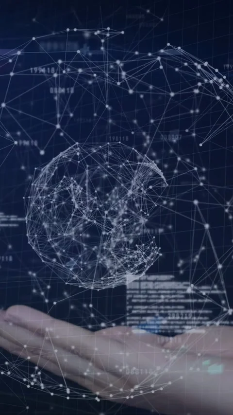 Vertical video: Upon palm entering, wireframe globe forming and rotating above Stock Footage 335802713