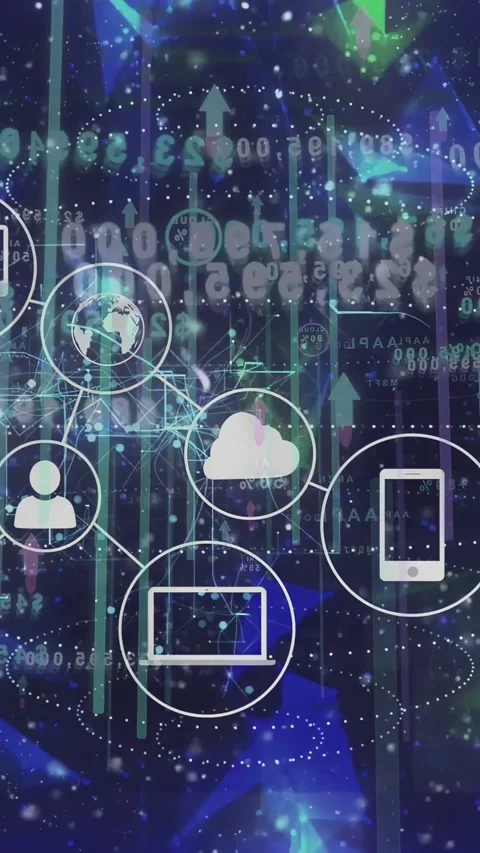 Vertical video: Upward data streams rising, cloud hub drawing icons, linking Stock Footage 335802648