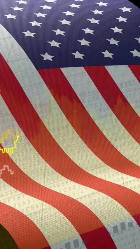 Vertical video: US flag rippling on LED while data flowing, charts moving Stock Footage 334837008