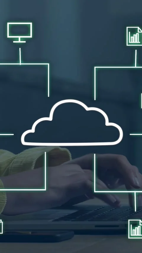 Vertical video: User holding phone cloud linking screen chart putting it down Stock Footage 335678025