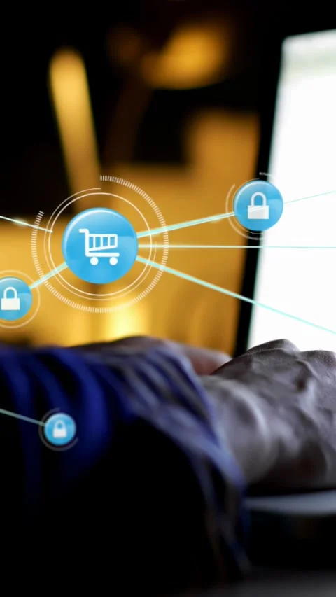 Vertical video: User on keys, node popping over hand pulsing into cart and lock Stock Footage 334605140