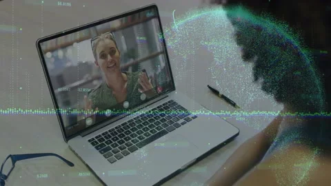 Vertical video: User leaning at laptop while host speaking, wave and globe Stock Footage 334178395