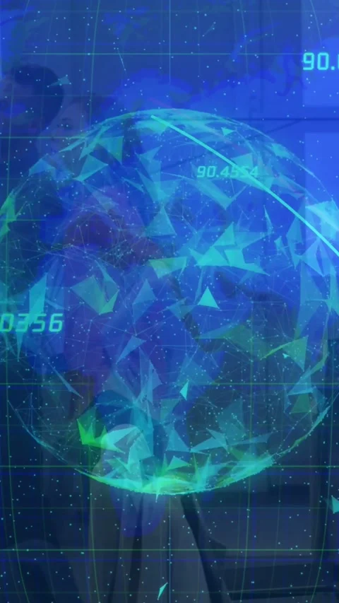 Vertical video: User moving cam, transparent globe rotating, arcs sweeping, data Stock Footage 331167315