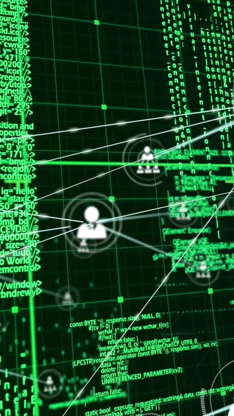 Vertical video: User nodes emerging on code grid, ring activating links and Stock Footage 334600504