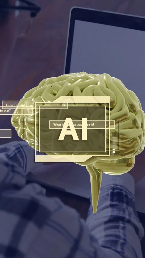 Vertical video: User typing, 3D AI brain appearing over laptop and animating UI Stock Footage 334792969