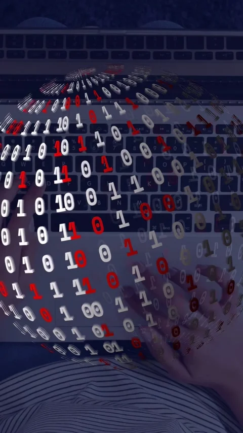 Vertical video: User typing on keyboard, causing spinning binary globe tracking Stock Footage 334770815