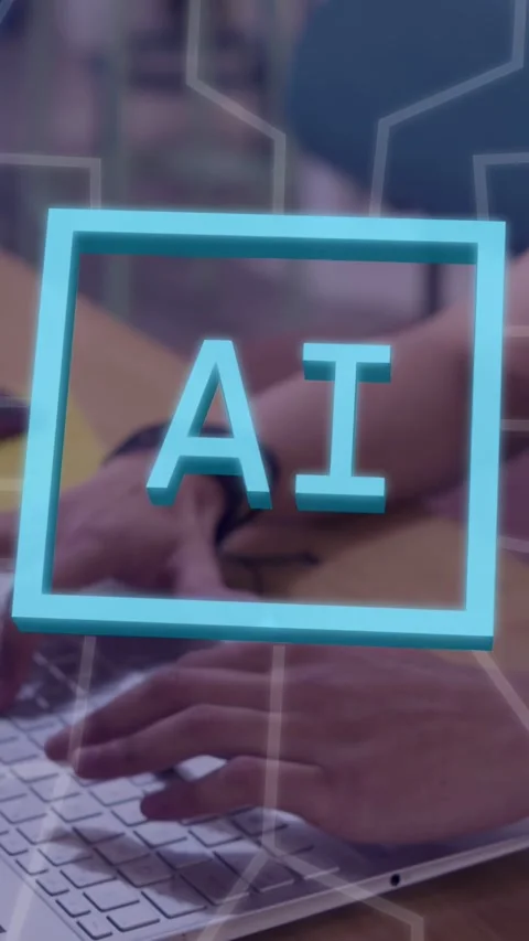 Vertical video: User typing at laptop calling cyan AI box, nets forming brain Stock Footage 334770709