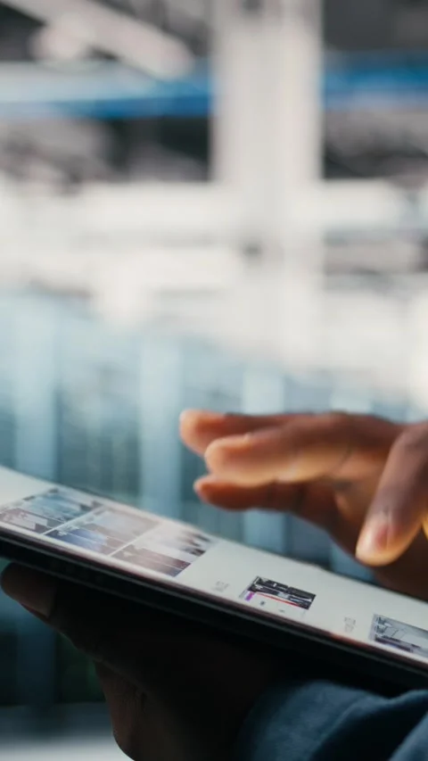 Vertical video Using AI software, tablet close up and engineer in data center Stock Footage 330201801