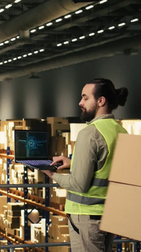 Vertical Video Using AI software and tools on laptop in industrial fulfillment Stock Footage 330202758