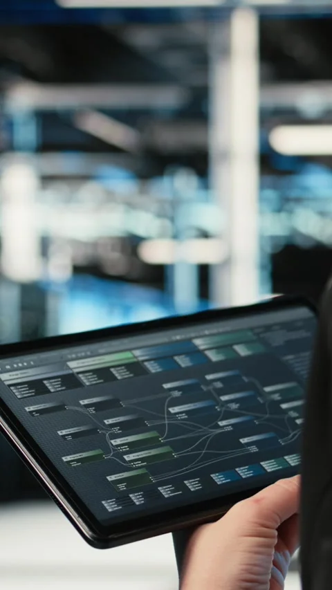 Vertical video Using coding application, tablet and programmer in data center Stock Footage 329321534