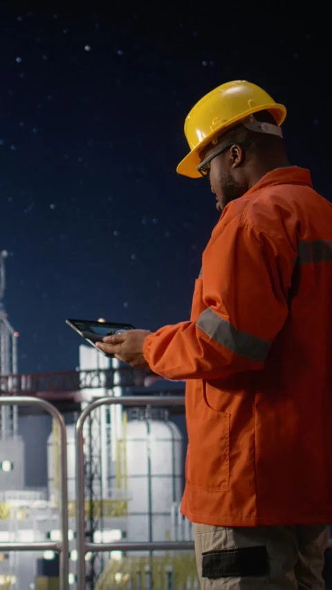 Vertical video Using tablet, oil crisis geopolitical conflict and drilling rig Stock Footage 339887802