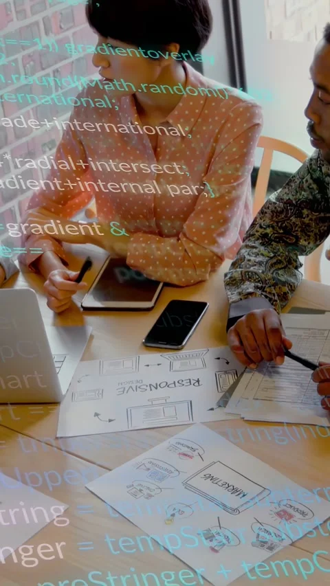 Vertical video: UX PM tapping tablet sparking code stream while team checking Stock Footage 333633078