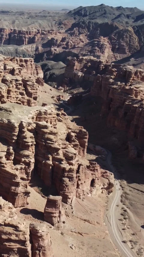 Vertical video: Valley of Castles fortresses, Martian Charyn Canyon, Kazakhstan Stock Footage 336692653