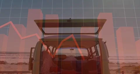 Vertical video: Van at beach, live data overlay sparking finance red line Video stock 334316380