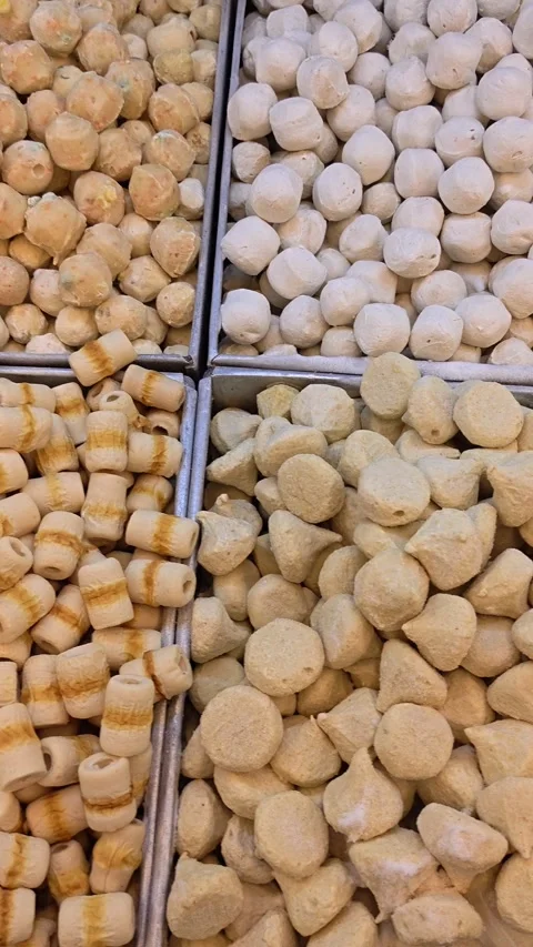 Vertical Video of Various frozen meat and seafood meatballs Video stock 343825902