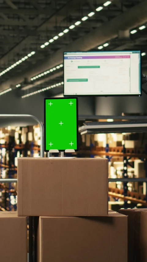 Vertical Video Vertical chroma key screen in industrial warehouse facility used Stock Footage 330203744