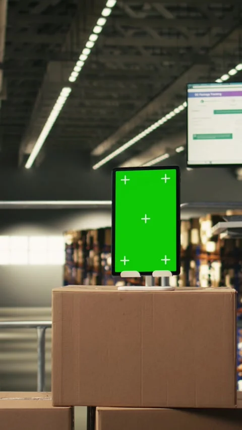 Vertical Video Vertical green screen on tablet in modern warehouse storage Stock Footage 330201744