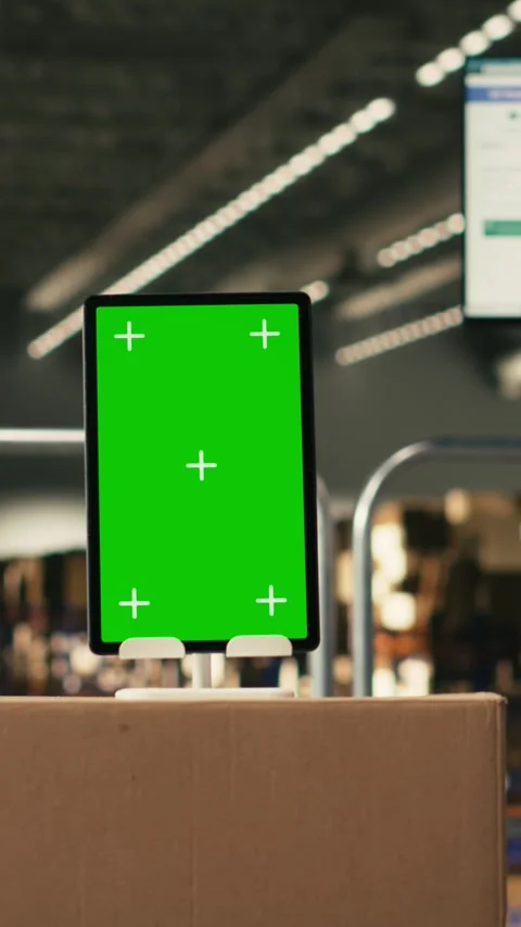 Vertical Video Vertical green screen on tablet in modern warehouse storage Stock Footage 330439524