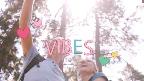 Vertical video: VIBES rising over travel drawing backpackers pointing up smiling Stock Footage 334185657