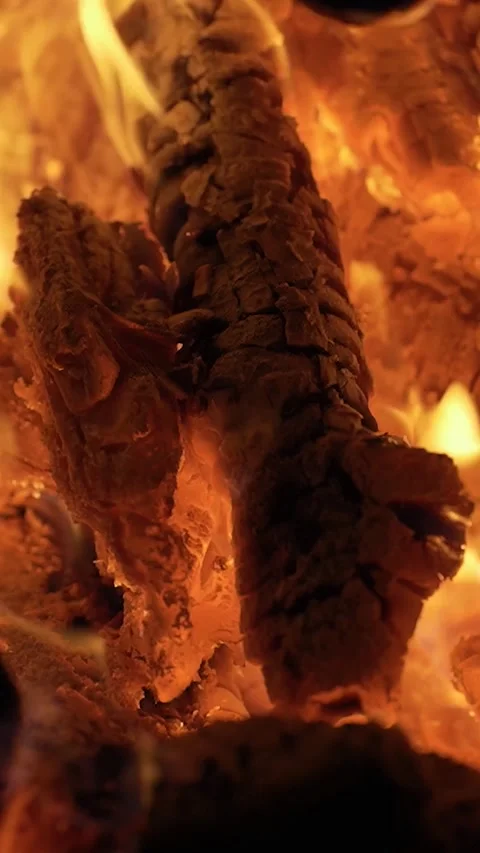 Vertical video of Vibrant orange flames dance and flicker through burning logs Stock Footage 339677504