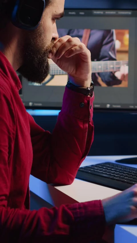 Vertical video Videographer operating computer editing systems and equipment Stock Footage 256092221