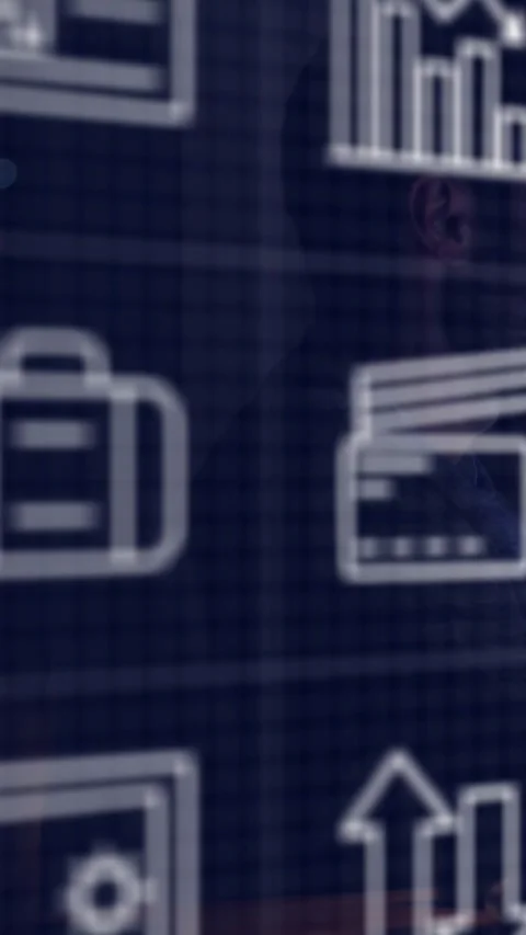 Vertical video: View panning over grid, revealing finance chart, faint man Stock Footage 328633069
