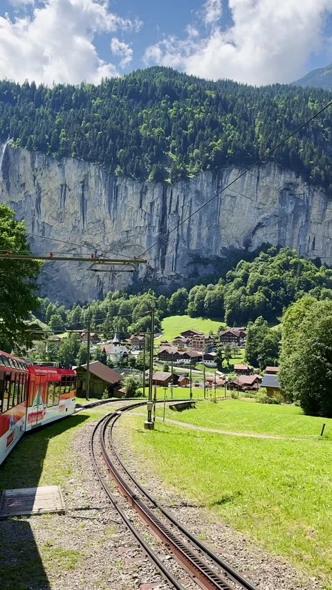 Vertical video view from the red train in Switzerland Stock Footage 308809979