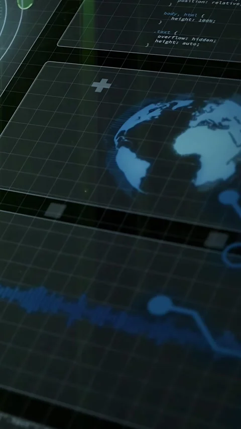 Vertical video: On view shift holo UI sliding panels, globe shifting, trace Stock Footage 340133381
