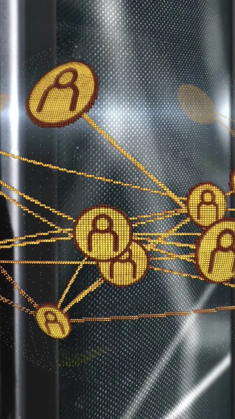 Vertical video: View shift sending gold nodes across curved panel, revealing Stock Footage 332747902