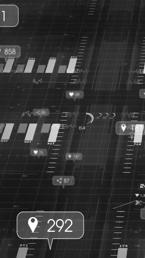 Vertical video: View shifting across data grid, showing bars animating, pins and Stock Footage 331237922