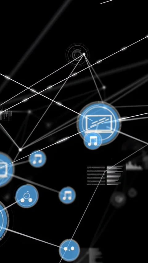 Vertical video: View shifting, blue nodes emerging and orbiting laptop node, 스톡 동영상 328657545