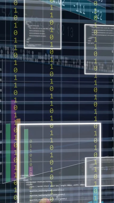 Vertical video: On view shifting dash panning right showing bars bits code Stock Footage 335802611