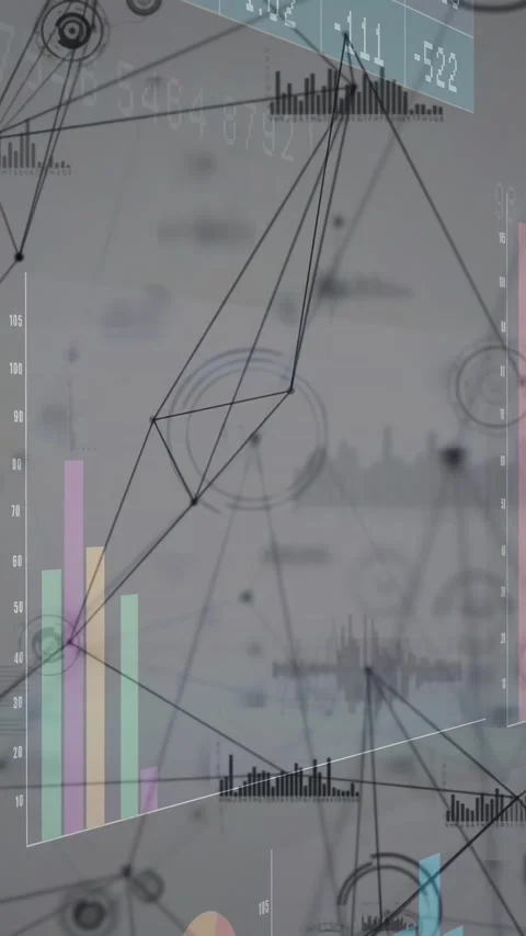 Vertical video: View shifting layered data viz rotating bars and lines tracing Stock Footage 333006221