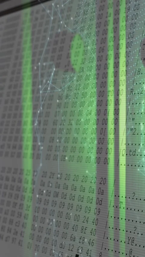 Vertical video: View shifting, revealing hex over green bars while nodes forming Stock Footage 332595140