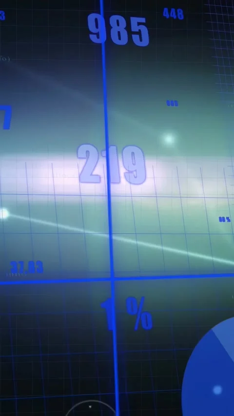 Vertical video: View starting at 25%, data HUD revealing charts, nodes, bars Stock Footage 329913029